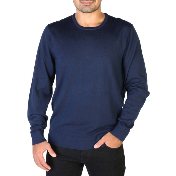 Maglione Uomo Calvin Klein Blu Navy Tinta Unita 100% Lana con piccolo logo a vista Tono su Tono