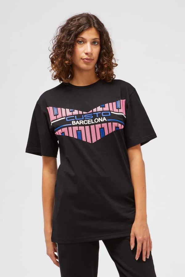 T-shirt Donna Custo Barcelona - Maglietta a Maniche Corte Nera in puro Cotone con Logo Frontale