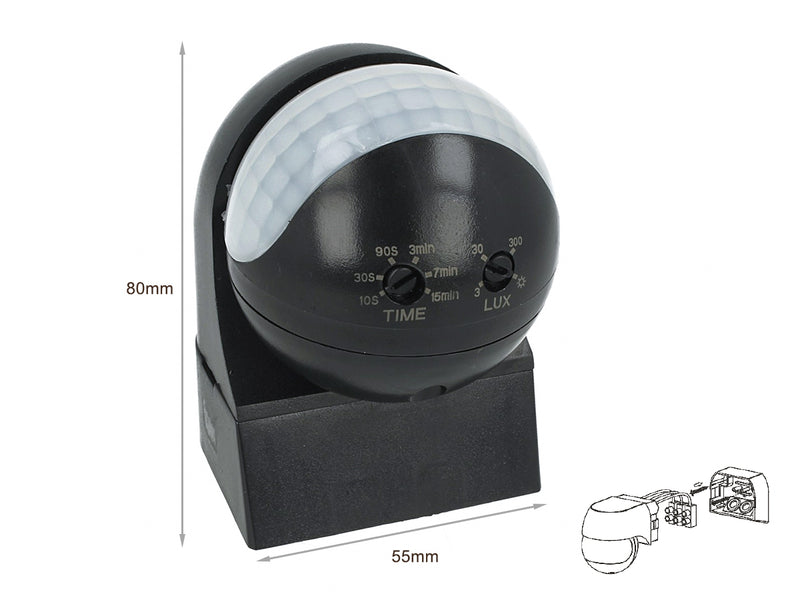 Sensore di Movimento a Infrarossi e Crepuscolare Montaggio a Parete Muro Carcassa Nera Testa Orientabile 180 Gradi IP44 SKU-5089