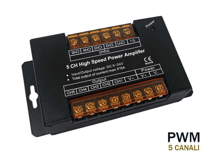 Amplificatore Segnale PWM 5 Canali Per Striscia Led RGBWW RGB+CCT 12V 24V 5X6A AP105