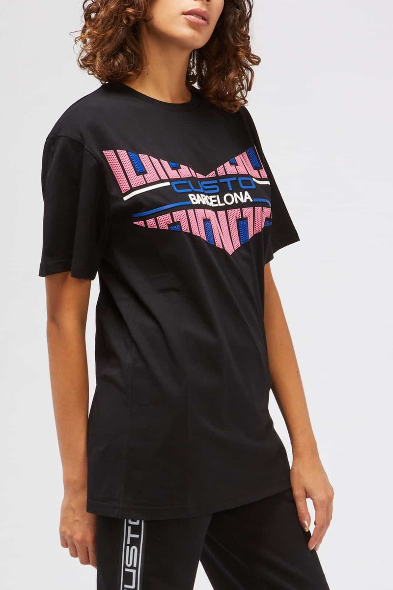 T-shirt Donna Custo Barcelona - Maglietta a Maniche Corte Nera in puro Cotone con Logo Frontale