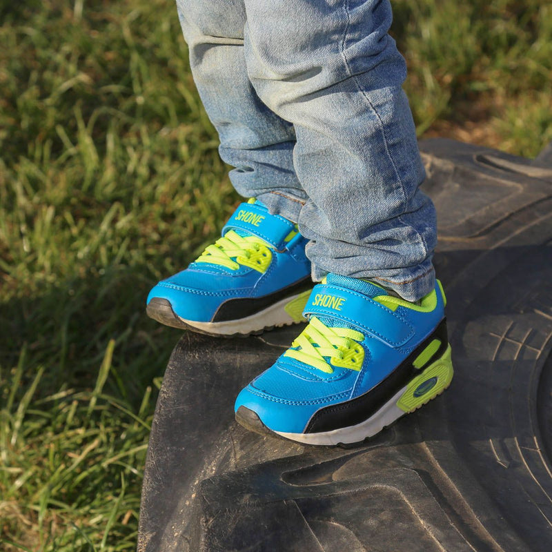 sneakers con strappo bambino scarpe in ecopelle verde fluo e celesti
