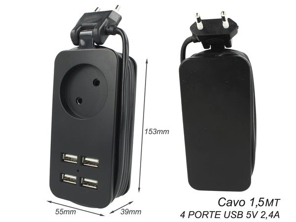 Multipresa Ciabatta Elettrica Caricabatterie 4 Porte USB 5V 2,4A Fast Charge 1 Posto 2P 10A Cavo 1