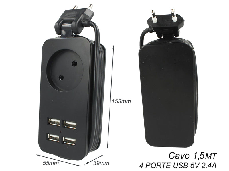 Multipresa Ciabatta Elettrica Caricabatterie 4 Porte USB 5V 2,4A