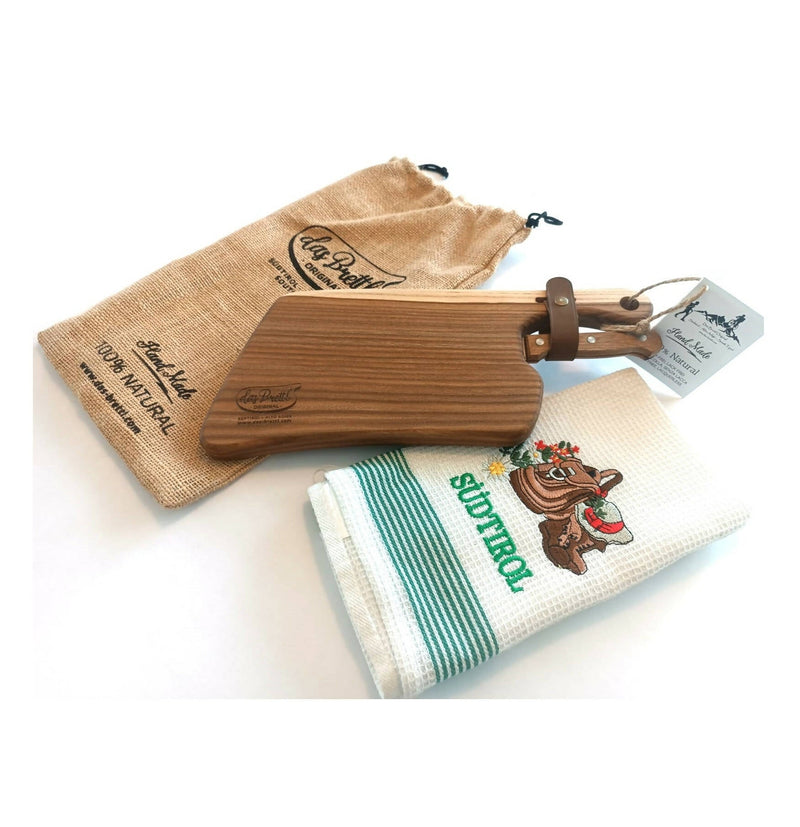 Alpen Kit per Montagne / da viaggio (tagliere in legno massello di olmo, coltello, cinturino, tovaglietta, sacchetto).