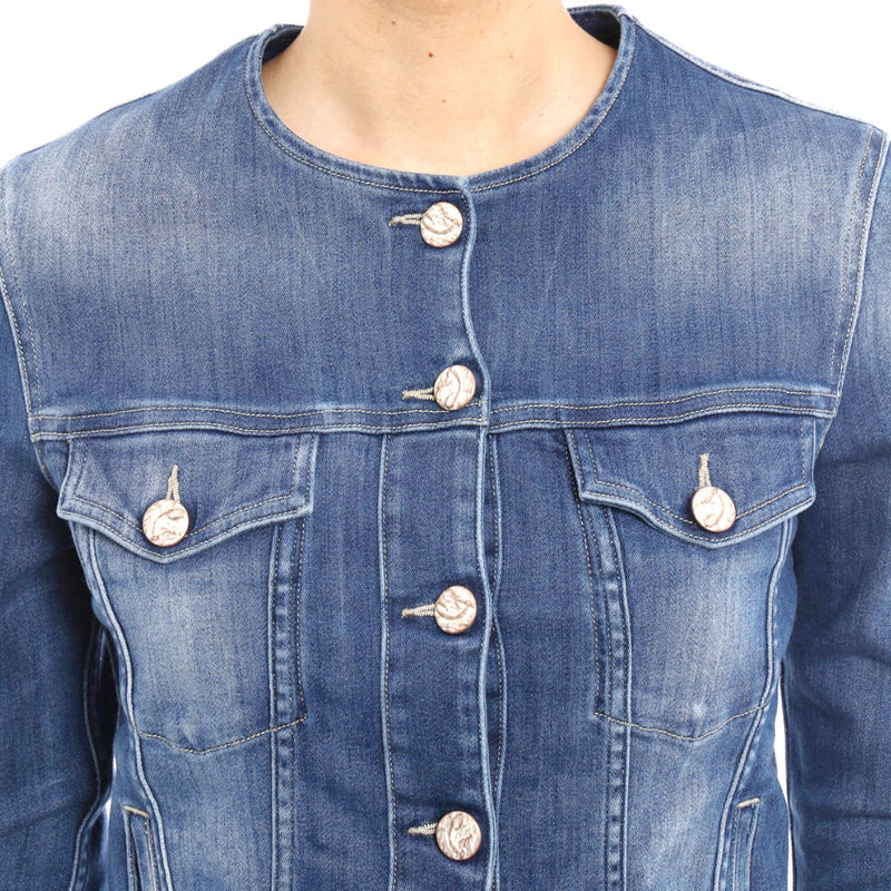 Giacca di Jeans da Donna Jacob Cohen Senza Colletto Blu Denim effetto Consumato Stile Vintage