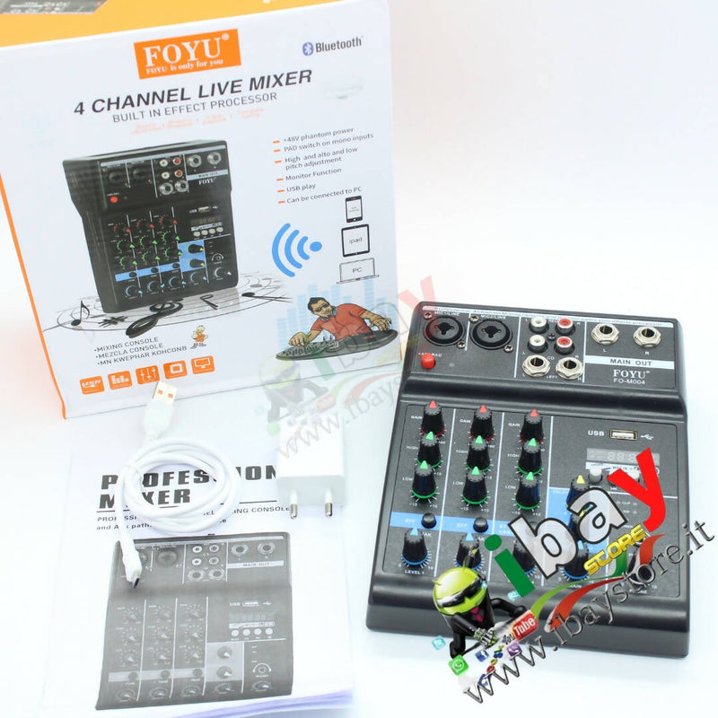 Console Mixer Audio con Effetti Echo 4 canali USB MP3 Karaoke mic/line Alimentazione Phantom 48V