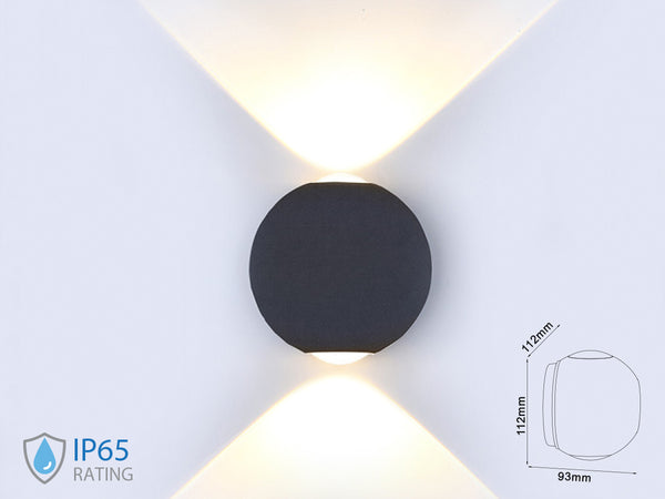 Applique Lampada LED da Muro Palla Sferica 6W 3000K Carcassa Nera Doppio Fascio Luminoso IP65 SKU-8303