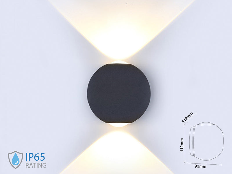 Applique Lampada LED da Muro Palla Sferica 6W 3000K Carcassa Nera Doppio Fascio Luminoso IP65 SKU-8303
