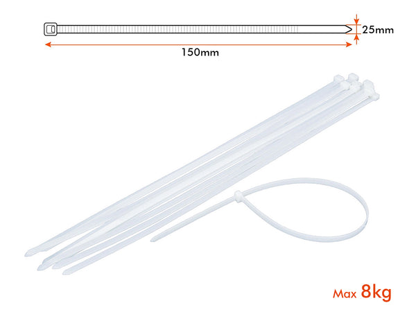 100 Fascette Cablaggio Stringicavo 2.5X150mm Colore Bianco Per Legare Fili Cavi SKU-11161