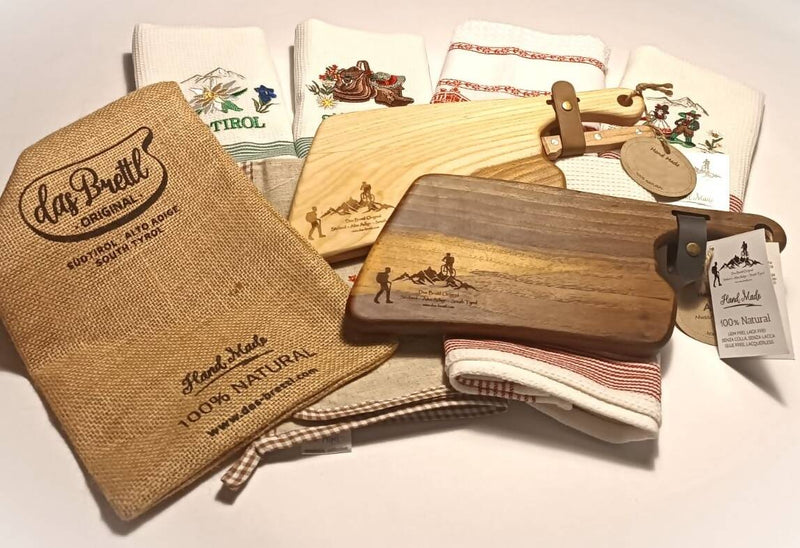 Alpen Kit - Ulme/olmo (tagliere in legno massello di olmo, coltello, cinturino, tovaglietta, sacchetto).