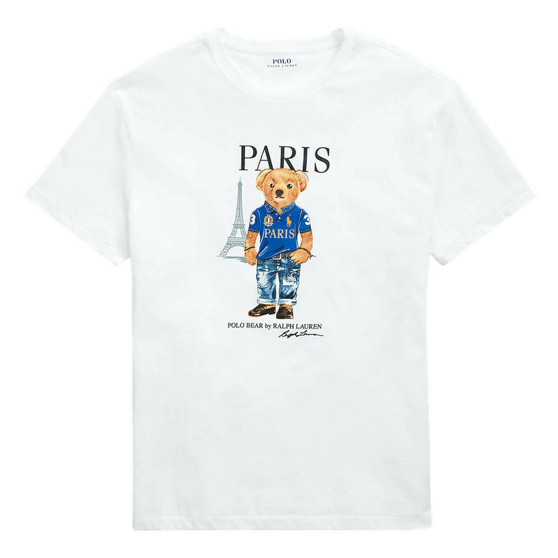 Ralph Lauren T-shirt Uomo Polo Bear In Paris Bianca Maglia Girocollo Mezze Maniche Stampa Orso Ralph Lauren A Parigi