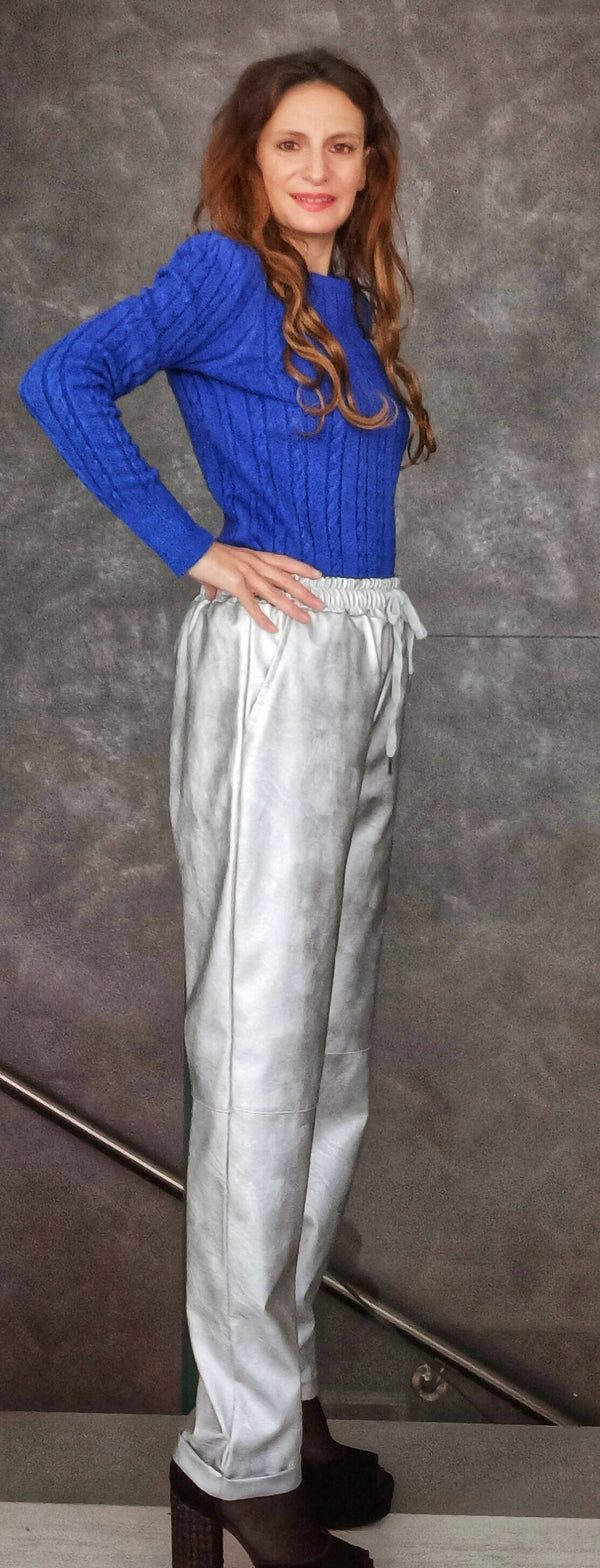 Pantaloni argento, champagne , melanzana. 3 colori glam a scelta, taglia unica, elastico in vita, tasche laterali