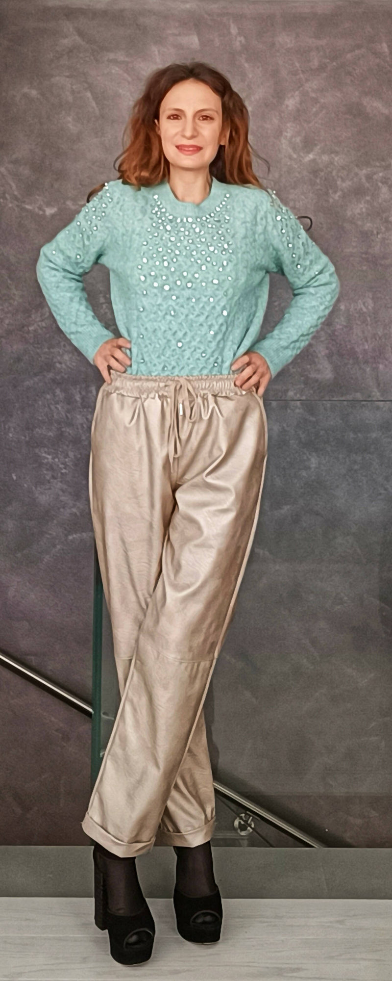 Pantaloni argento, champagne , melanzana. 3 colori glam a scelta, taglia unica, elastico in vita, tasche laterali