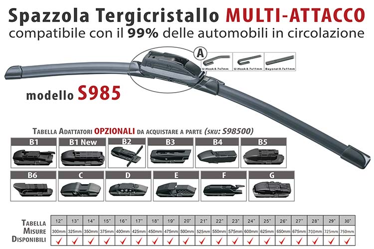 Spazzola Tergicristallo Auto Universale S985 14'' 350mm Carall 16 Attacchi Opzionale