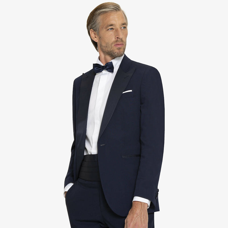 Smoking Blu a lancia classico elegante Slim Fit con Giacca Monopetto, Pantaloni Flat Front e Fascia