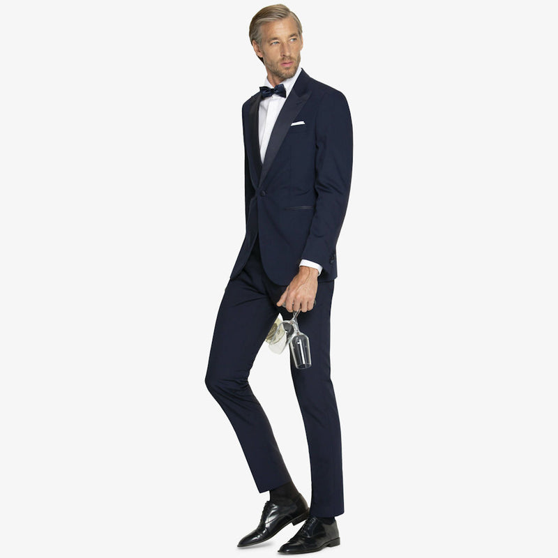 Smoking Blu a lancia classico elegante Slim Fit con Giacca Monopetto, Pantaloni Flat Front e Fascia