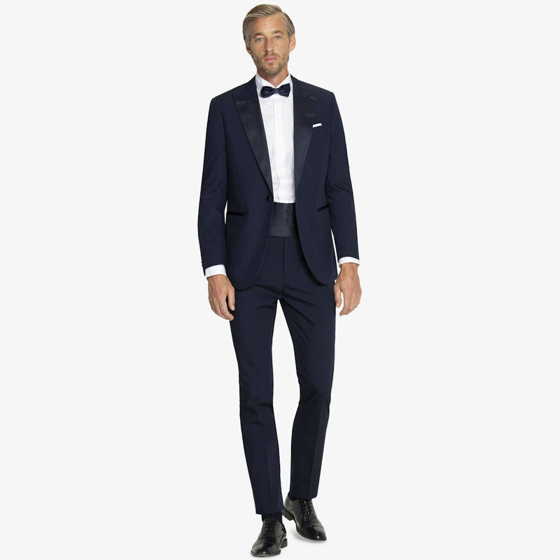 Smoking Blu a lancia classico elegante Slim Fit con Giacca Monopetto, Pantaloni Flat Front e Fascia