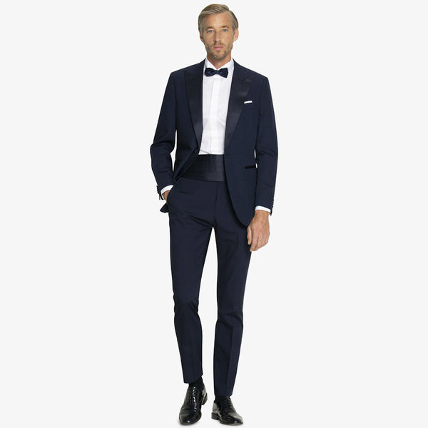 Smoking Blu a lancia classico elegante Slim Fit con Giacca Monopetto, Pantaloni Flat Front e Fascia