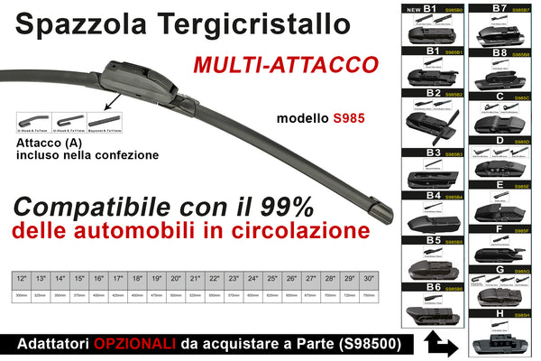 Spazzola Tergicristallo Auto Universale S985 20'' 500mm Carall 16 Attacchi Opzionale