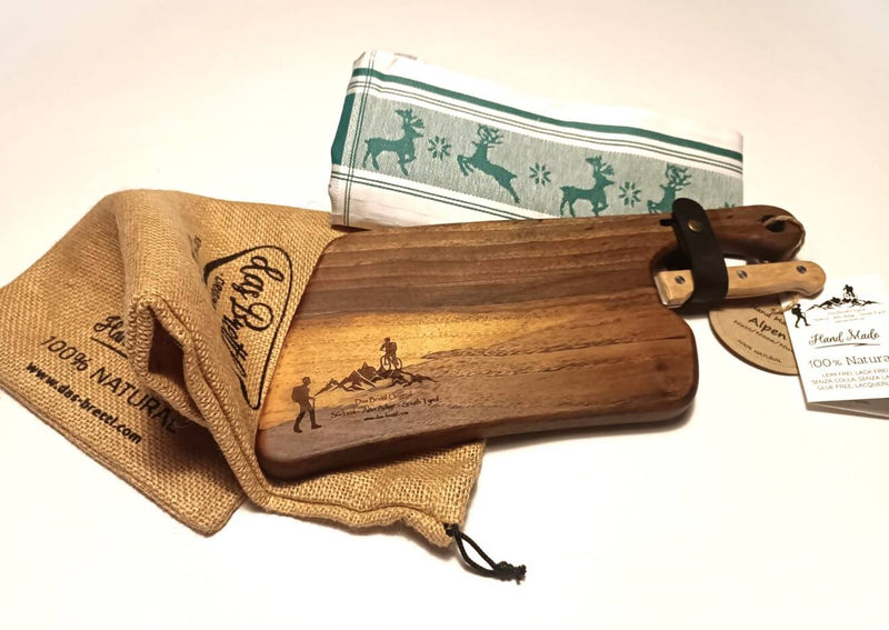 Alpen Kit per Zaino/Rucksack (tagliere in legno massello di noce, coltello, cinturino, tovaglietta, sacchetto).