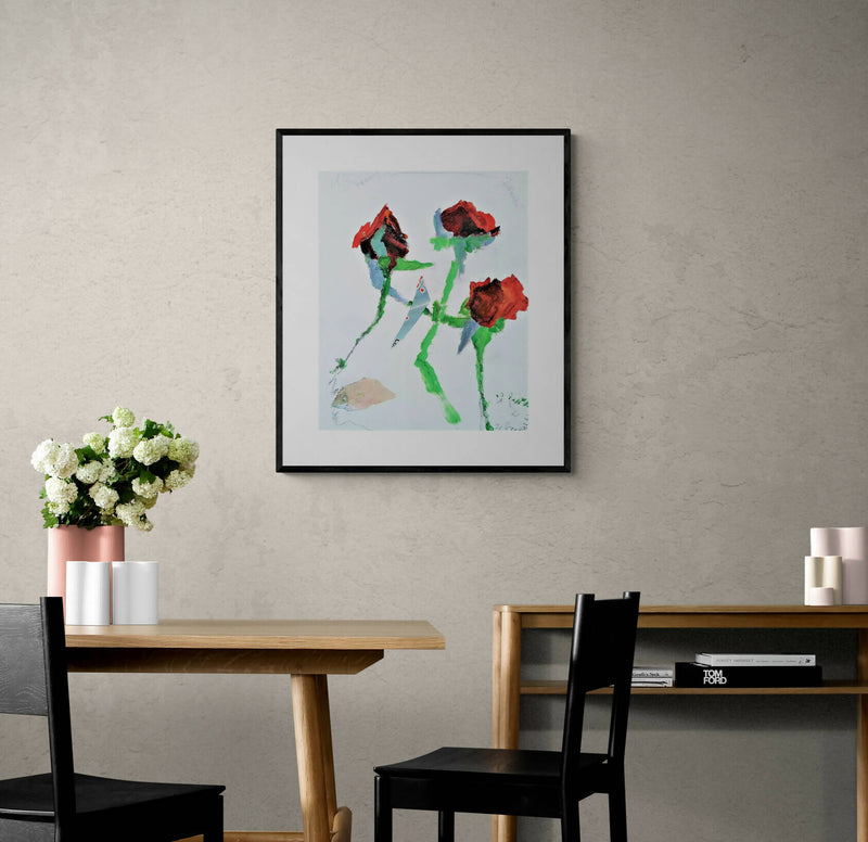 Quadro originale dipinto moderno pittura floreale rose rosse acrilico tela 30x25 cm